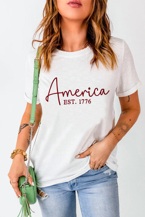 America Est 1776 Embroidered Crew Neck Graphic Tee