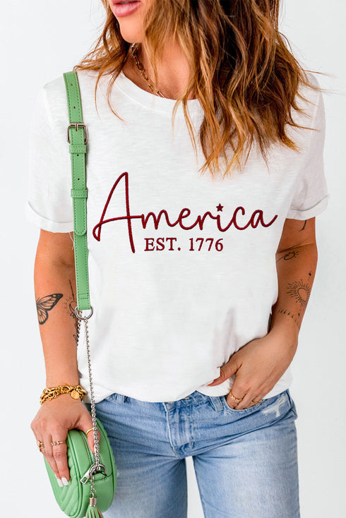 America Est 1776 Embroidered Crew Neck Graphic Tee