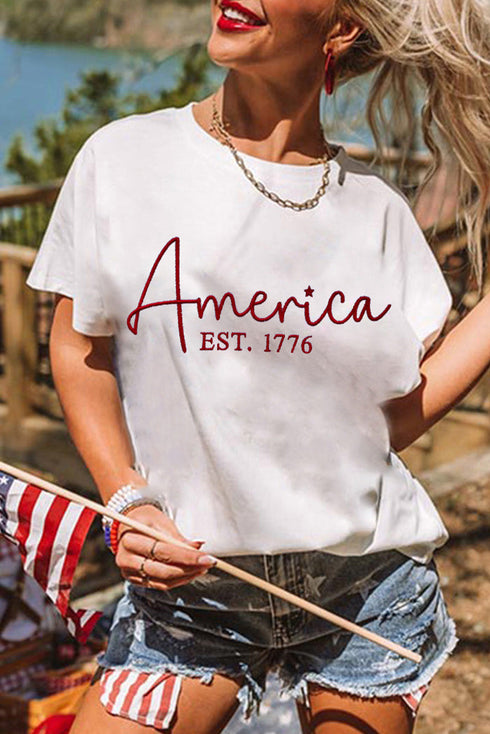 America Est 1776 Embroidered Crew Neck Graphic Tee