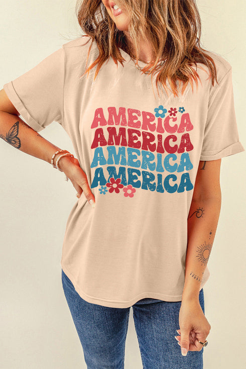 America Floral Letter Graphic Short Sleeve Tee