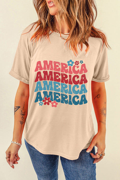 America Floral Letter Graphic Short Sleeve Tee