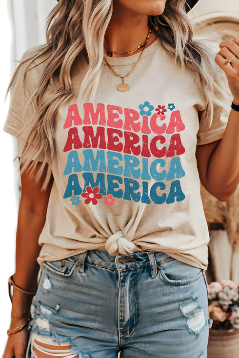 America Floral Letter Graphic Short Sleeve Tee