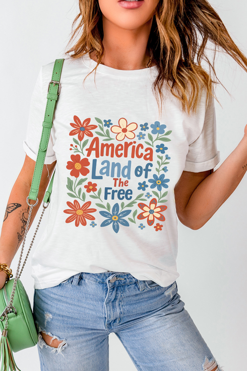 America Land Of The Free Floral Graphic Crewneck Tee