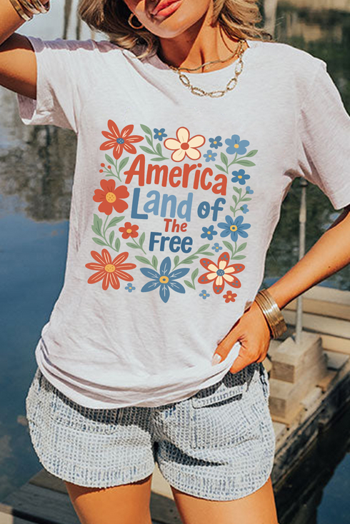 America Land Of The Free Floral Graphic Crewneck Tee