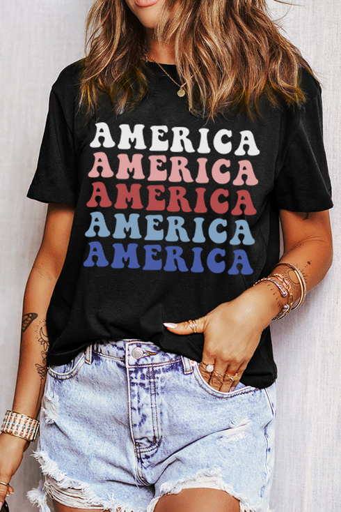 America Letter Print Crewneck Short Sleeve Graphic Tee