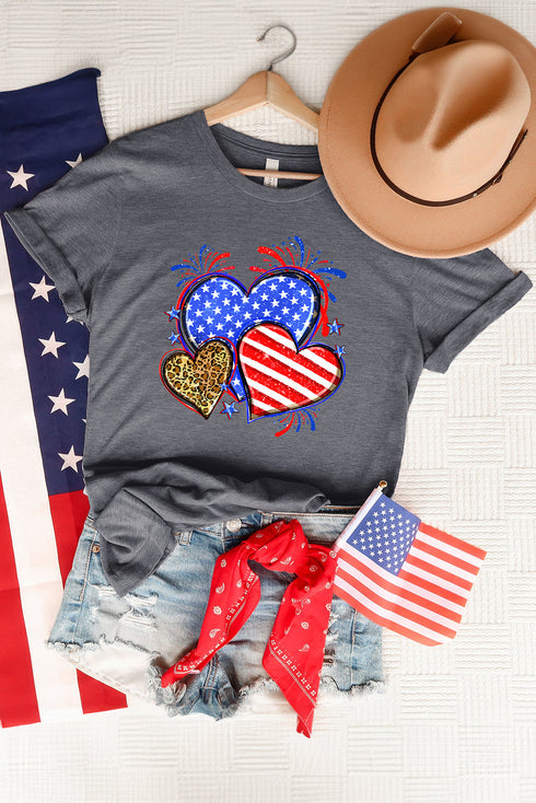American Flag And Leopard Print Hearts Patriotic Graphic Tee