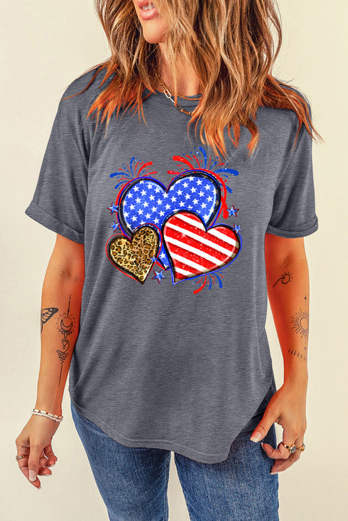 American Flag And Leopard Print Hearts Patriotic Graphic Tee