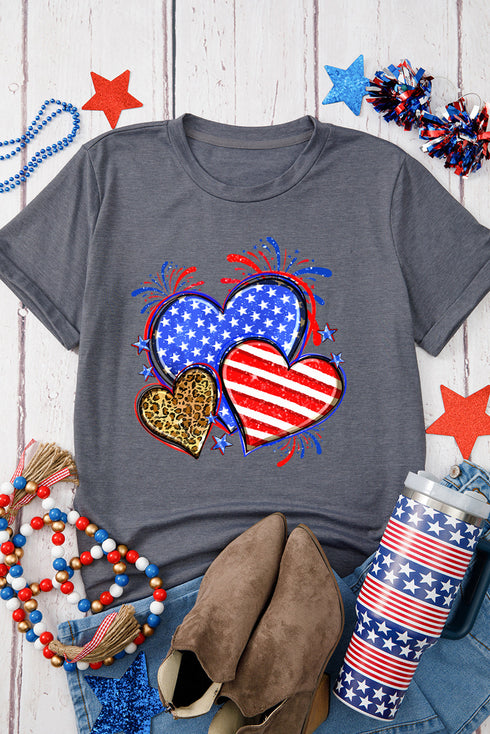 American Flag And Leopard Print Hearts Patriotic Graphic Tee