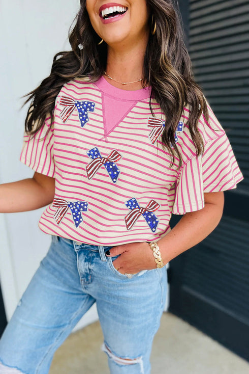 American Flag Patch Flutter Sleeve Striped Ruffle Top