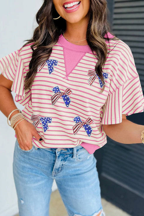 American Flag Patch Flutter Sleeve Striped Ruffle Top