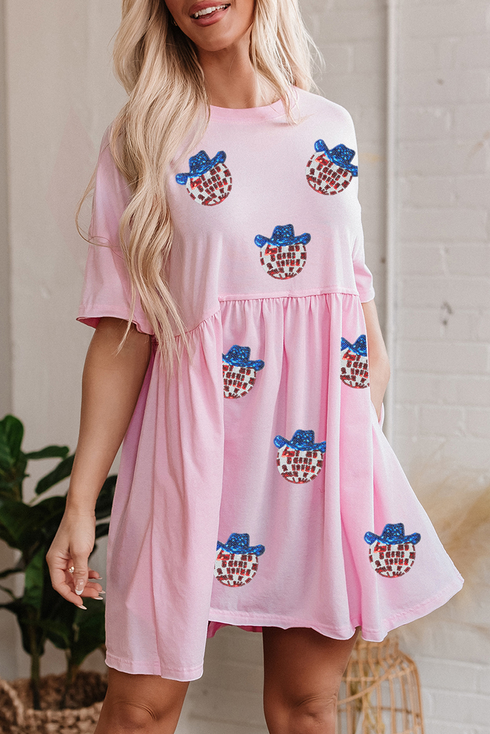 American Flag Patched Sequin Disco Ball Graphic Dress