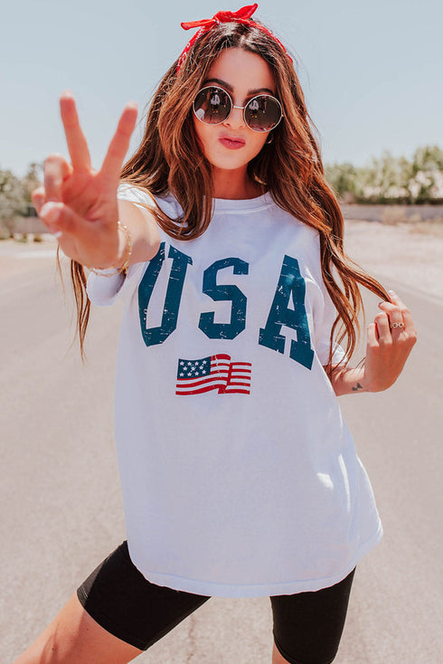 American Flag Print Oversized Short Sleeve Graphic Tee