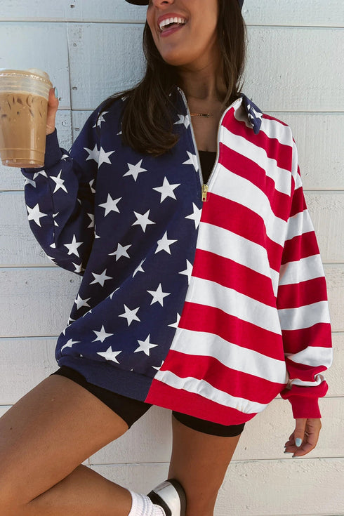 American Flag Star Stripe Zipped Collar Oversized Sweatshirt