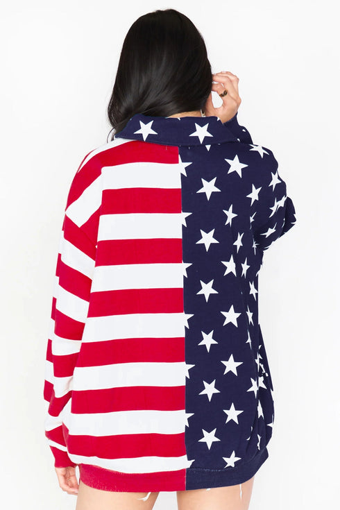 American Flag Star Stripe Zipped Collar Oversized Sweatshirt