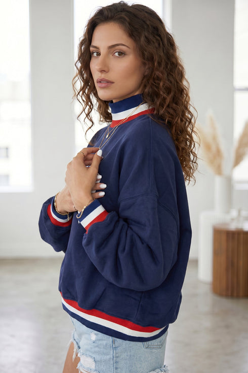 American Slogan Applique Embroidered High Neck Casual Sweatshirt
