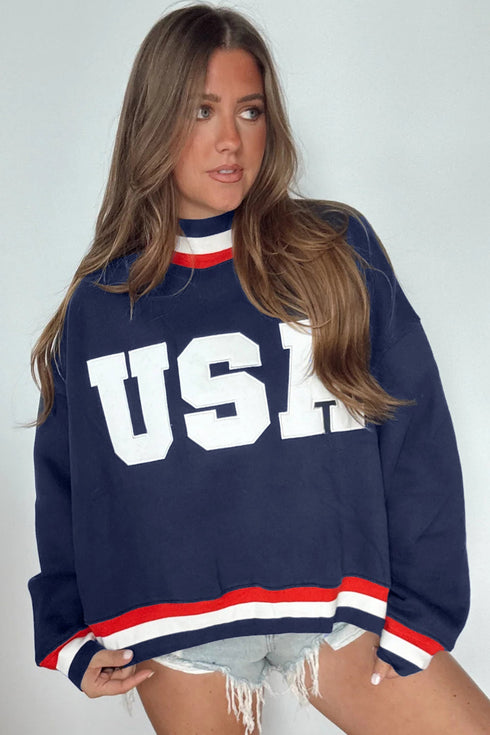 American Slogan Applique Embroidered High Neck Casual Sweatshirt