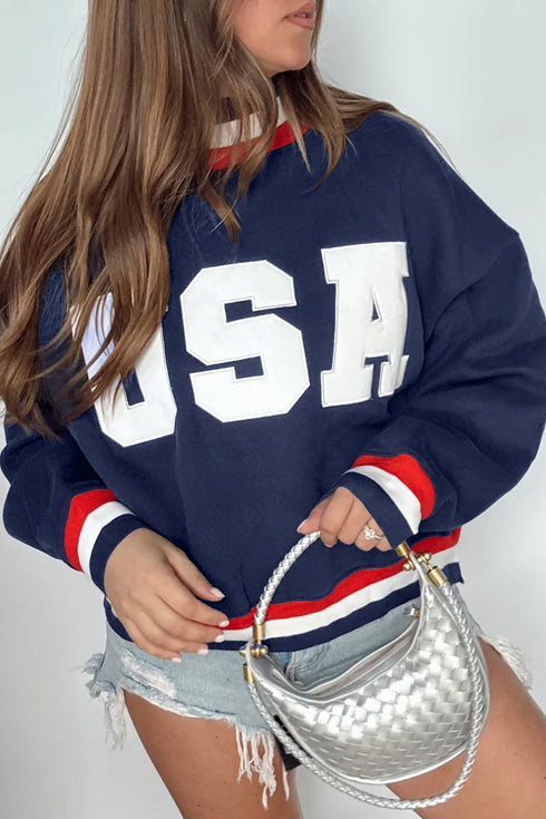 American Slogan Applique Embroidered High Neck Casual Sweatshirt