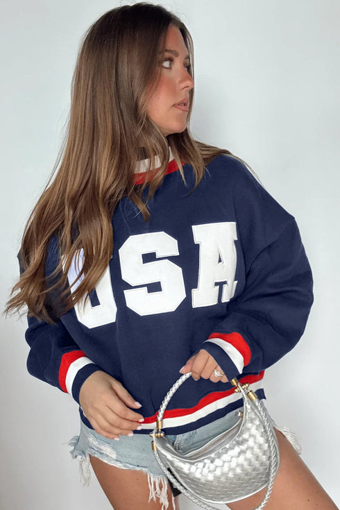 American Slogan Applique Embroidered High Neck Casual Sweatshirt