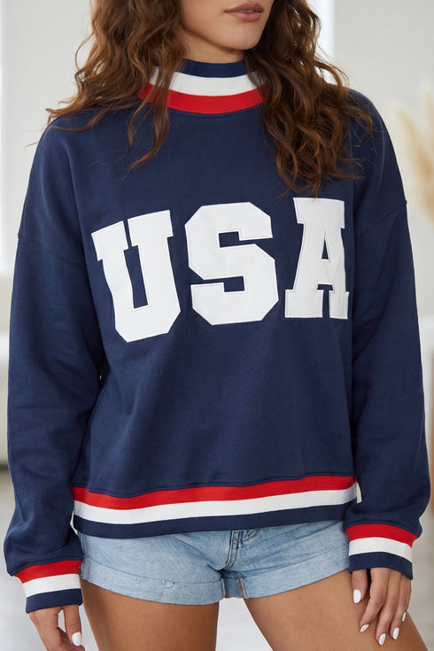 American Slogan Applique Embroidered High Neck Casual Sweatshirt