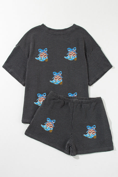 American Spirit Sequin Cowboy Boot Ribbed Knit Tee And Shorts Set