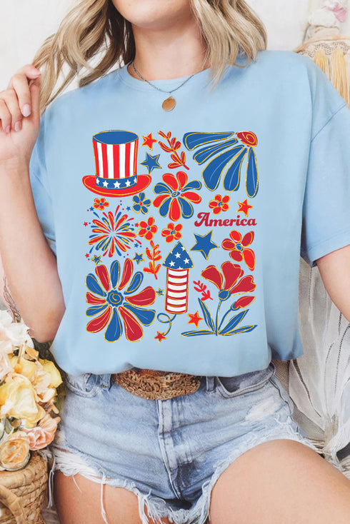 American Summerfest Retro Floral Fireworks Graphic T Shirt