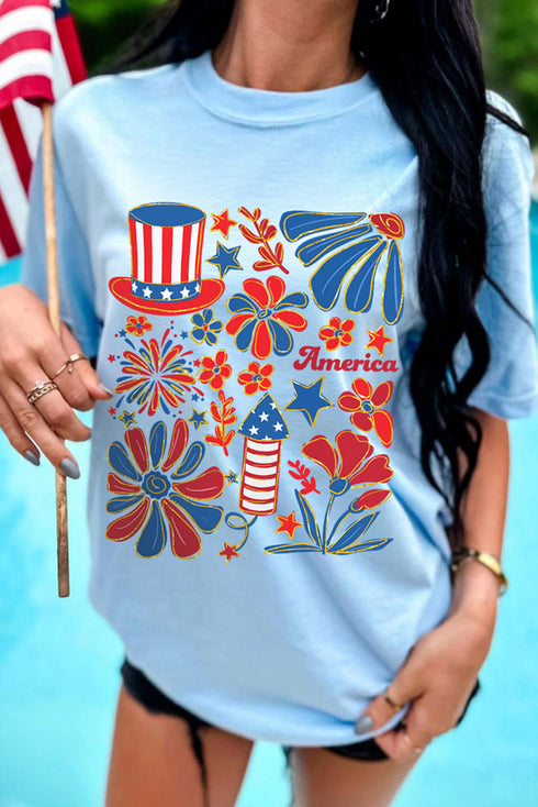 American Summerfest Retro Floral Fireworks Graphic T Shirt