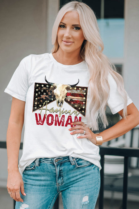 American Woman Bull Skull Graphic Short Sleeve Tee