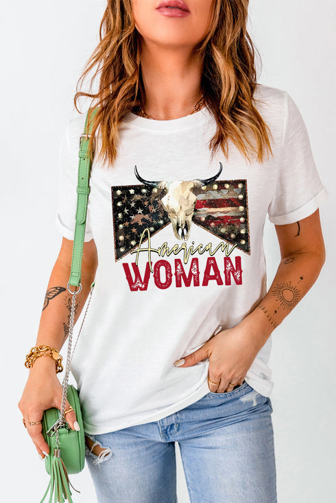 American Woman Bull Skull Graphic Short Sleeve Tee