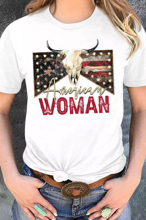 American Woman Bull Skull Graphic Short Sleeve Tee