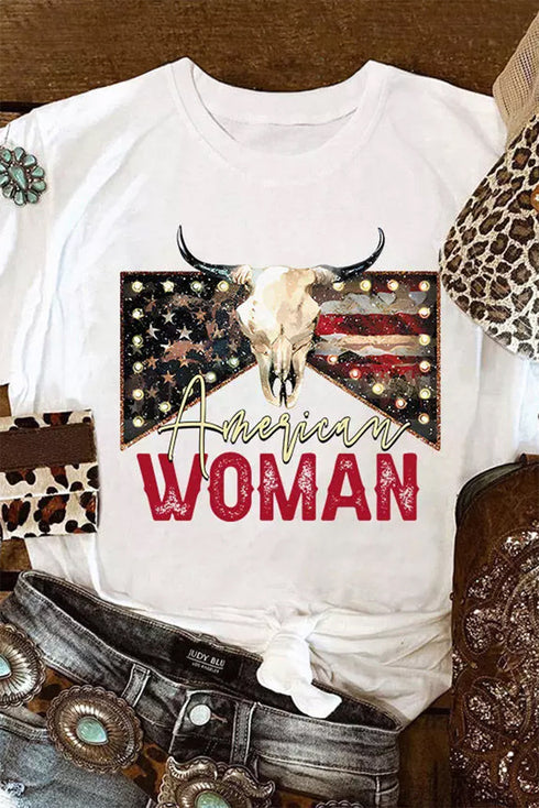 American Woman Bull Skull Graphic Short Sleeve Tee