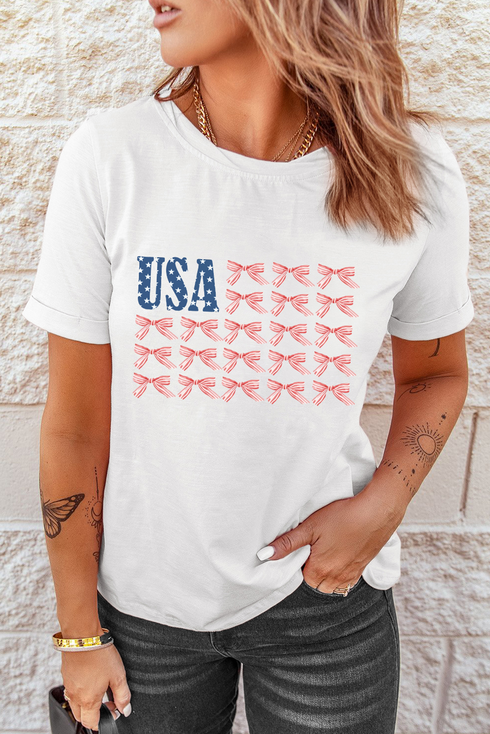 Americana Bow Graphic Round Neck Short Sleeve Tee