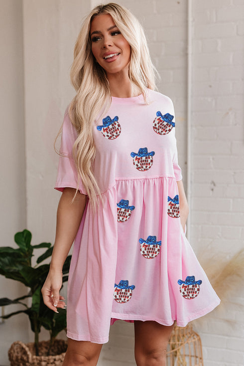 Americana Glam Sequin Patch Graphic Short Sleeve Shift Dress