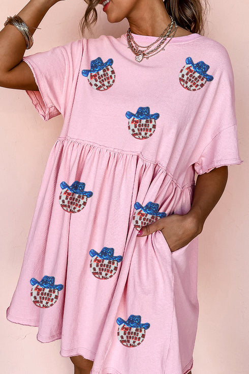 Americana Glam Sequin Patch Graphic Short Sleeve Shift Dress
