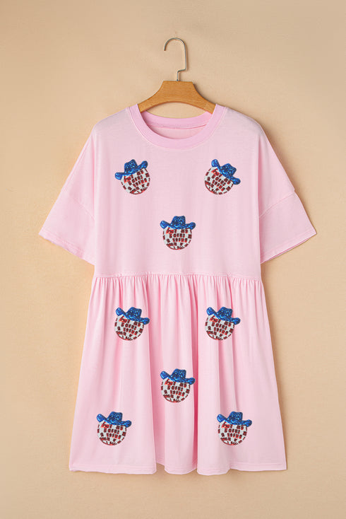 Americana Glam Sequin Patch Graphic Short Sleeve Shift Dress