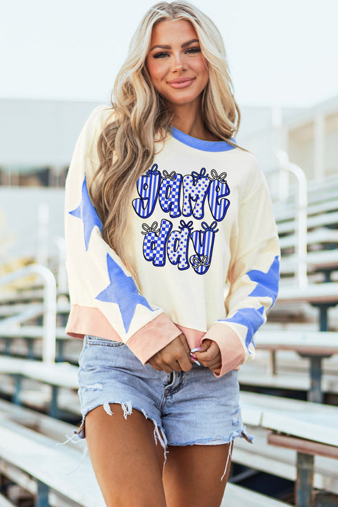 Americana Mixed Pattern Game Day Graphic Star Patch Sweatshirt
