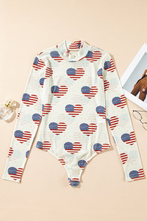 Americana Sheer Mesh Glitter Heart Print Long Sleeve Bodycon Bodysuit
