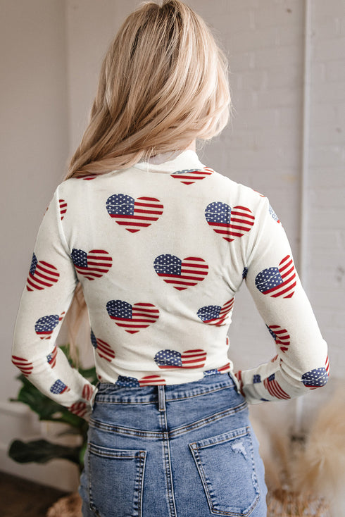 Americana Sheer Mesh Glitter Heart Print Long Sleeve Bodycon Bodysuit
