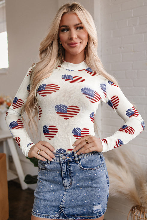 Americana Sheer Mesh Glitter Heart Print Long Sleeve Bodycon Bodysuit