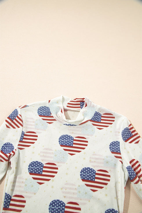 Americana Sheer Mesh Glitter Heart Print Long Sleeve Bodycon Bodysuit