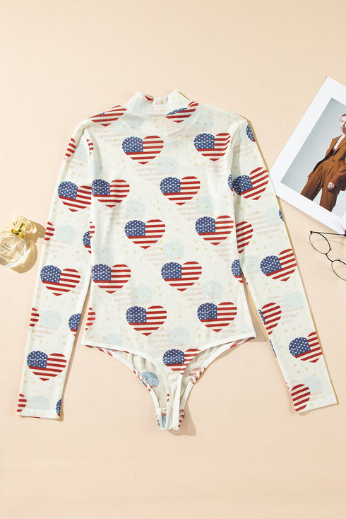 Americana Sheer Mesh Glitter Heart Print Long Sleeve Bodycon Bodysuit