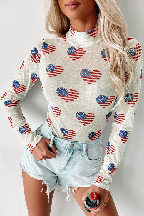 Americana Sheer Mesh Glitter Heart Print Long Sleeve Bodycon Bodysuit