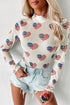 Americana Sheer Mesh Glitter Heart Print Long Sleeve Bodycon Bodysuit