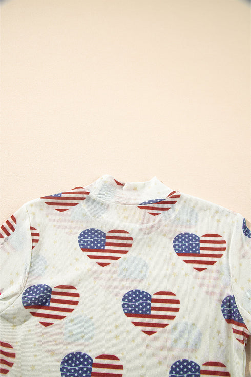 Americana Sheer Mesh Glitter Heart Print Long Sleeve Bodycon Bodysuit