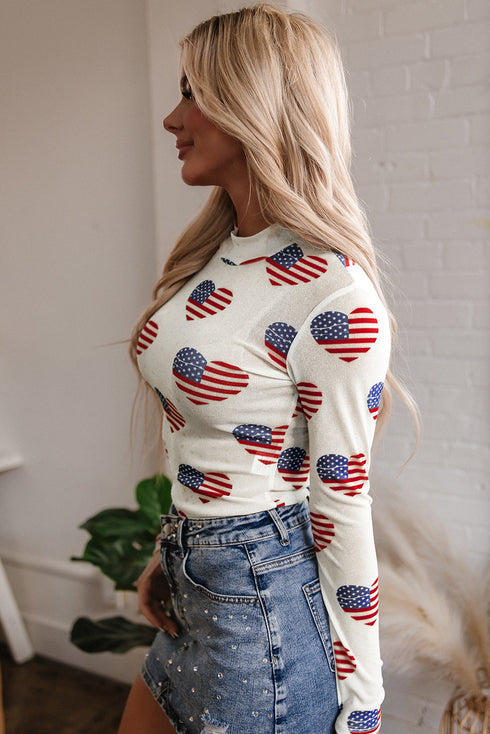 Americana Sheer Mesh Glitter Heart Print Long Sleeve Bodycon Bodysuit