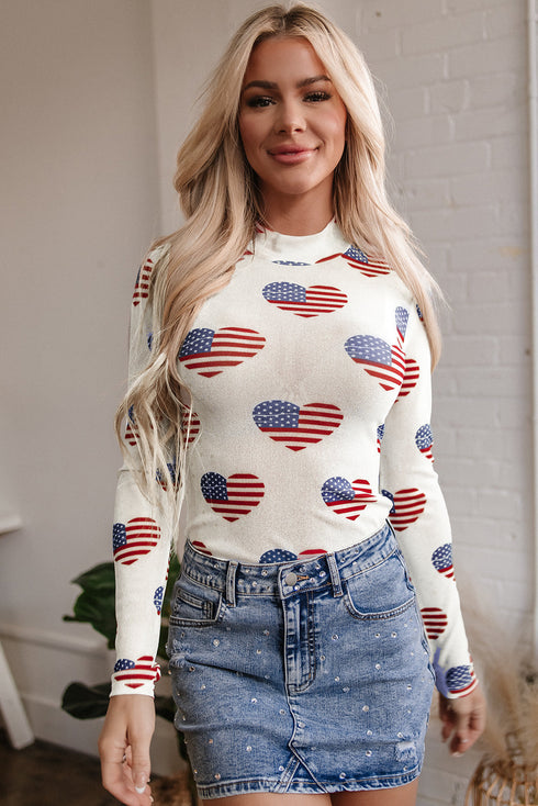 Americana Sheer Mesh Glitter Heart Print Long Sleeve Bodycon Bodysuit