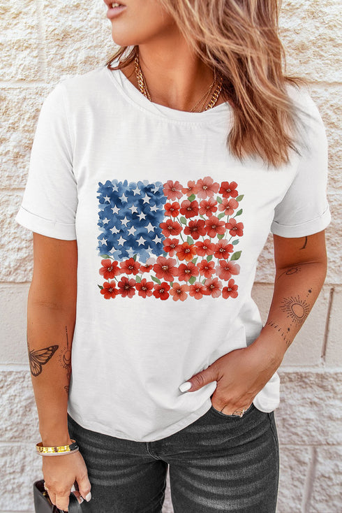 Americana Star Floral Flag Graphic Crewneck Patriotic Spirit Tee Top