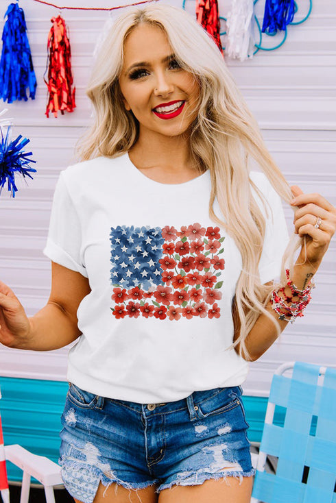 Americana Star Floral Flag Graphic Crewneck Patriotic Spirit Tee Top