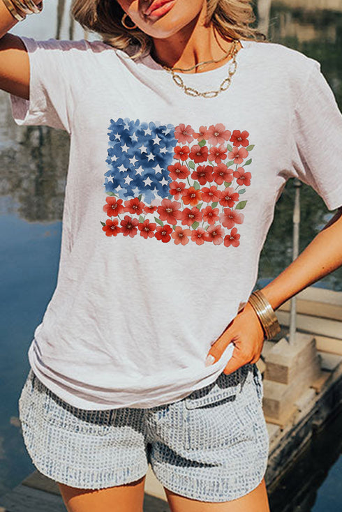 Americana Star Floral Flag Graphic Crewneck Patriotic Spirit Tee Top