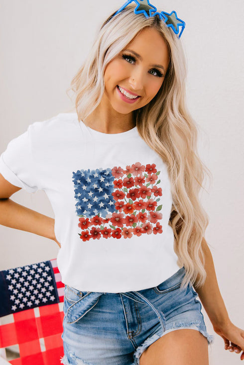Americana Star Floral Flag Graphic Crewneck Patriotic Spirit Tee Top