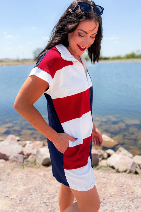 Americana Striped Zip Up Collared T Shirt Mini Dress